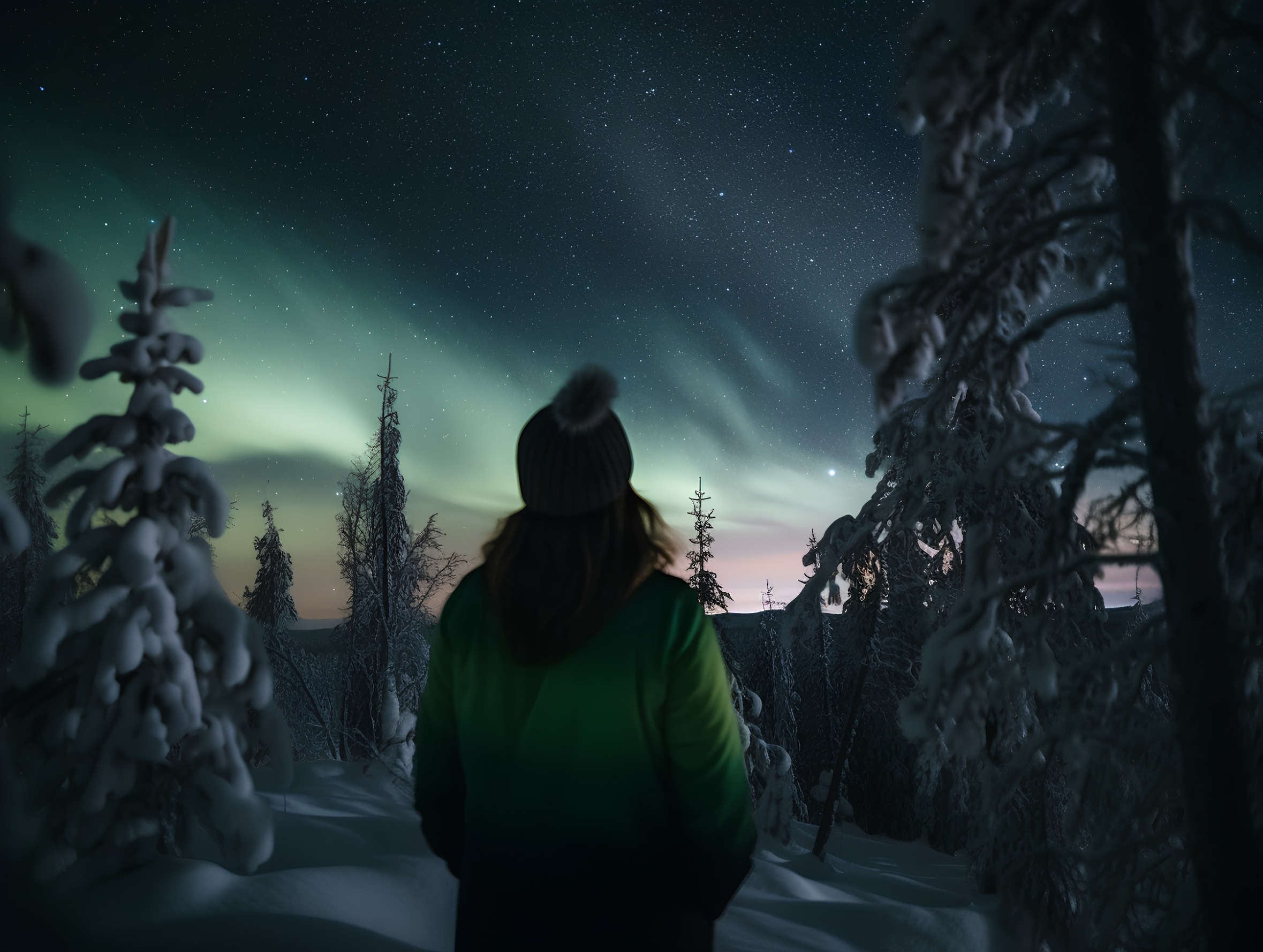 Woman looking at aurora borealis, northern lights in Finland winter forest