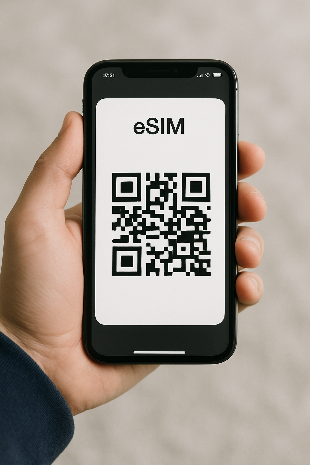 Person holding an iPhone with an eSIM QR Code
