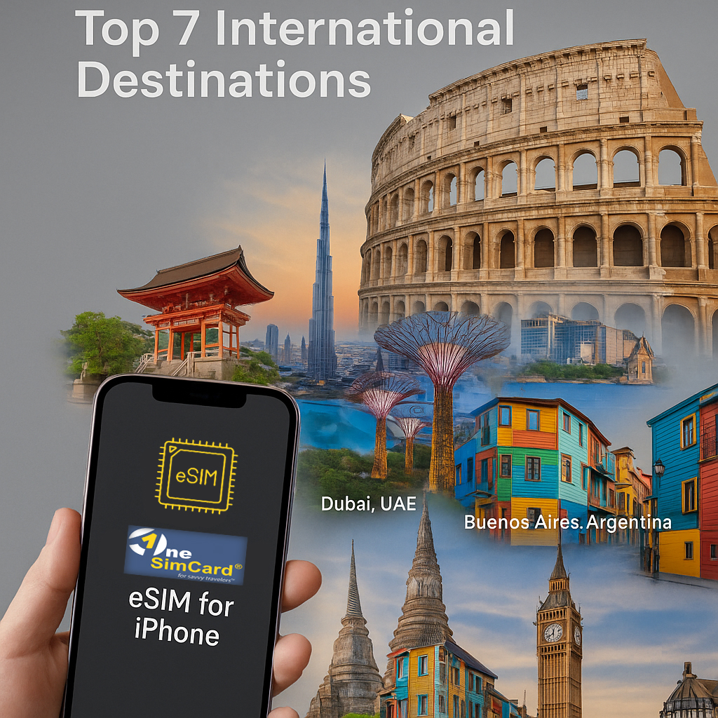eSIM for iPhone showing top 7 global destinations for OneSimCard's international SIM Card