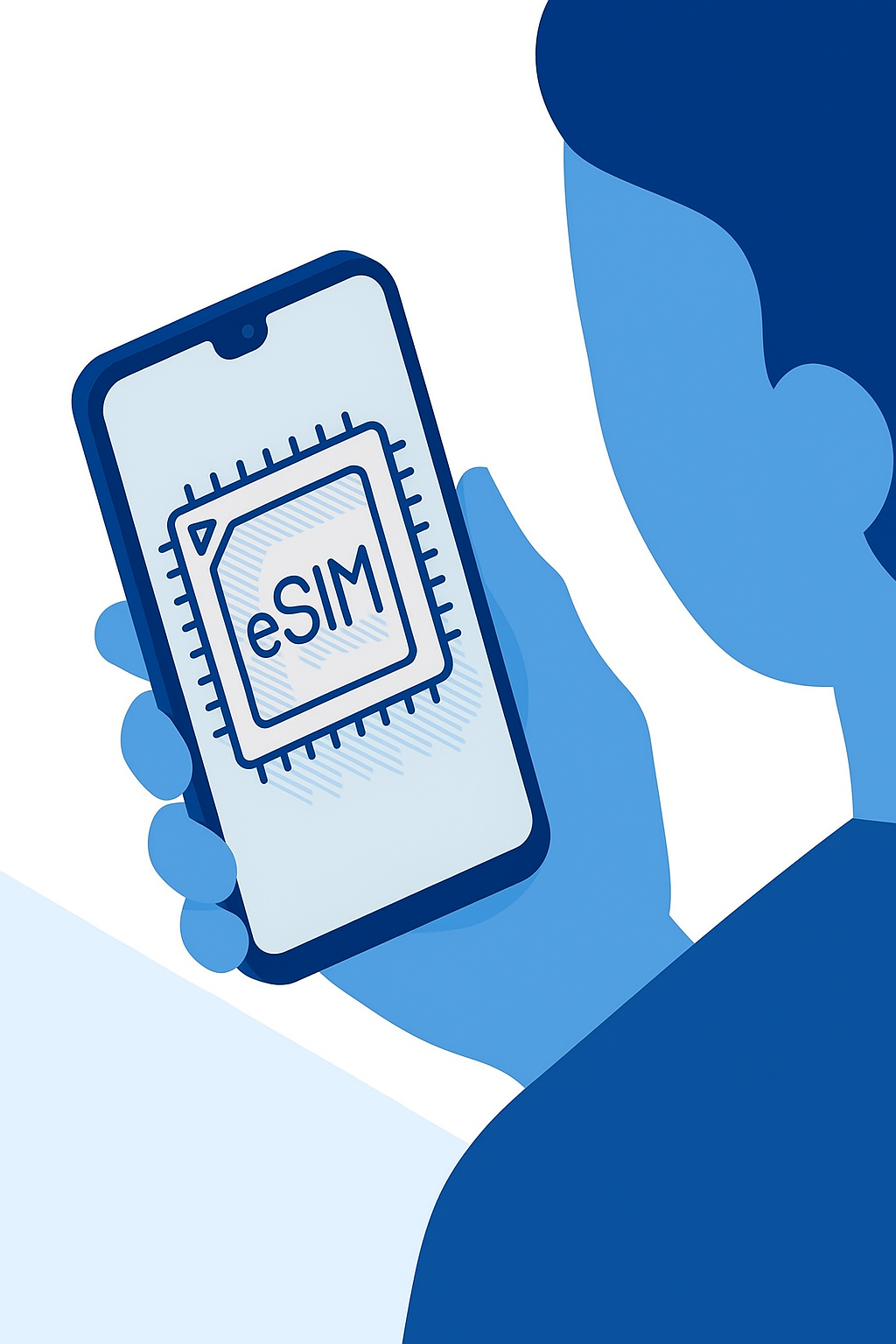 Cartoon person holding an Adroid eSIM phone