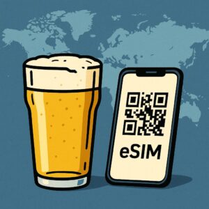 Pint of beer and a phone with international eSIM