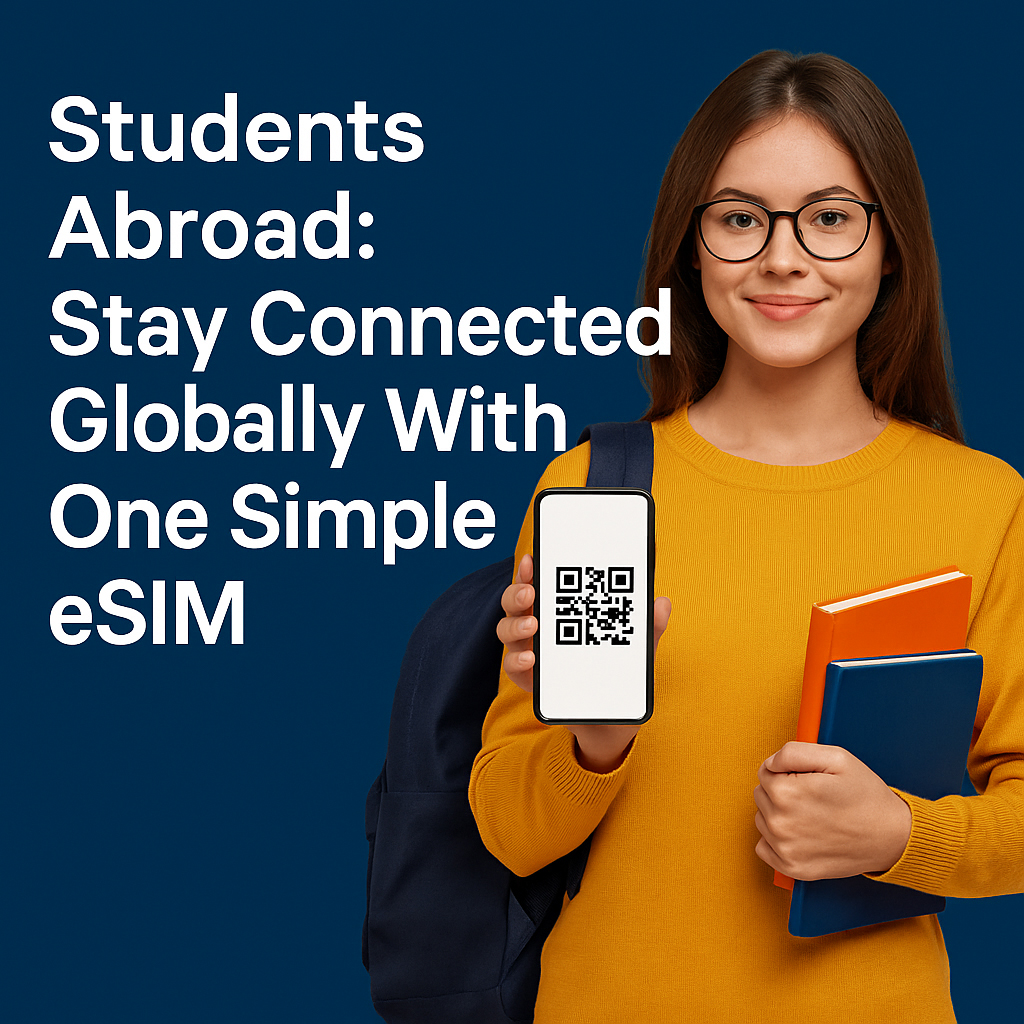 Student showing her global eSIM for smartphone 