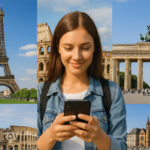 Woman holding a smartphone with eSIM and European monuments in the background