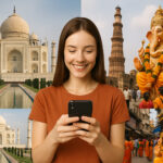Woman holding a smartphone with eSIM and India monuments in the background