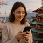 Woman holding a smartphone with eSIM and Japan monuments in the background