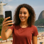 Woman holding a smartphone with eSIM and Brazil monuments in the background