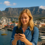 Woman holding a smartphone with eSIM and South Africa monuments in the background