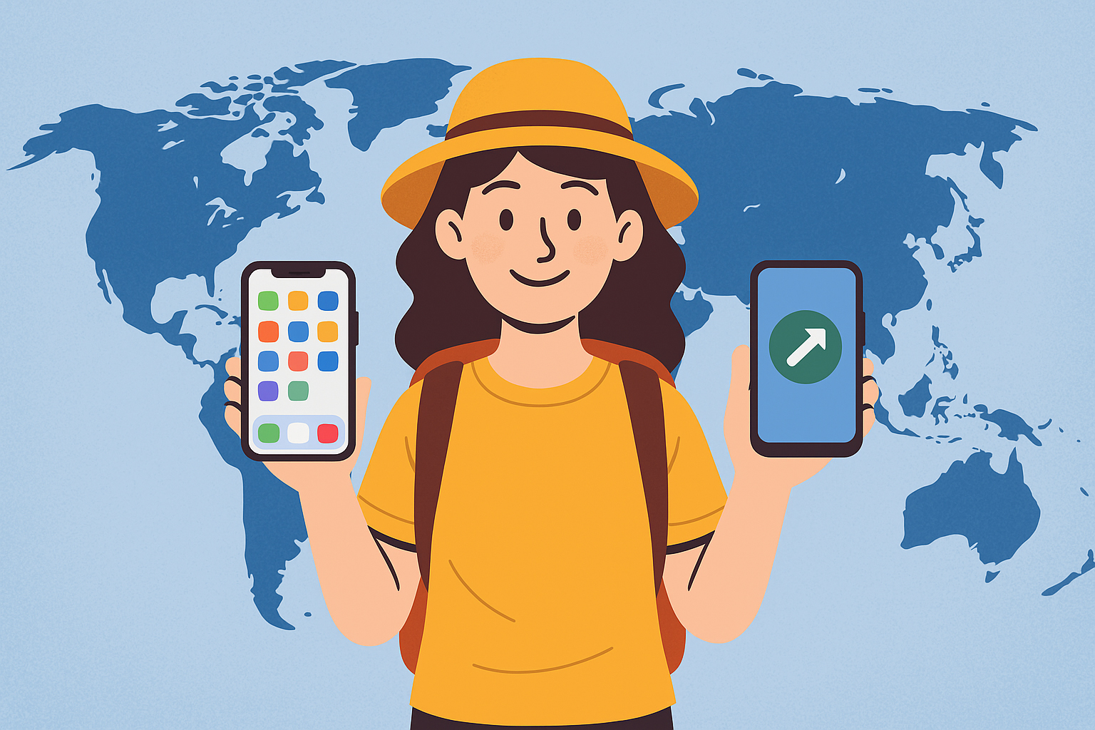 Woman holding smartphone with travel eSIM