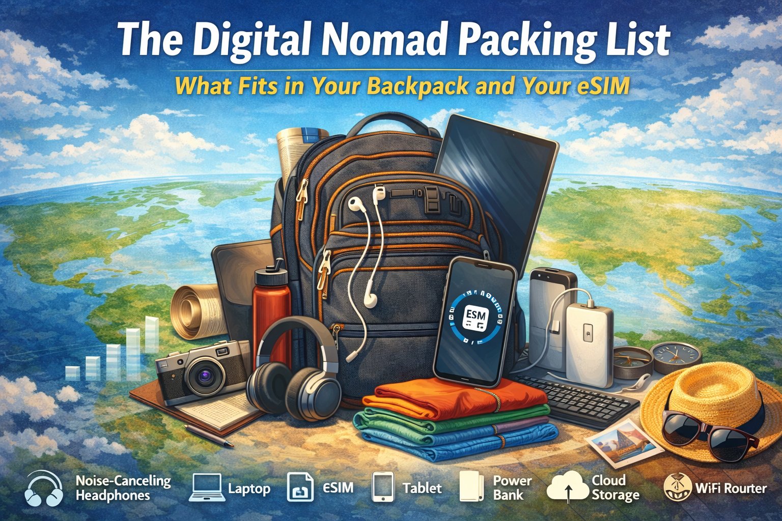 Image showing a backpack an the items needed for a digital nomad including international eSIM