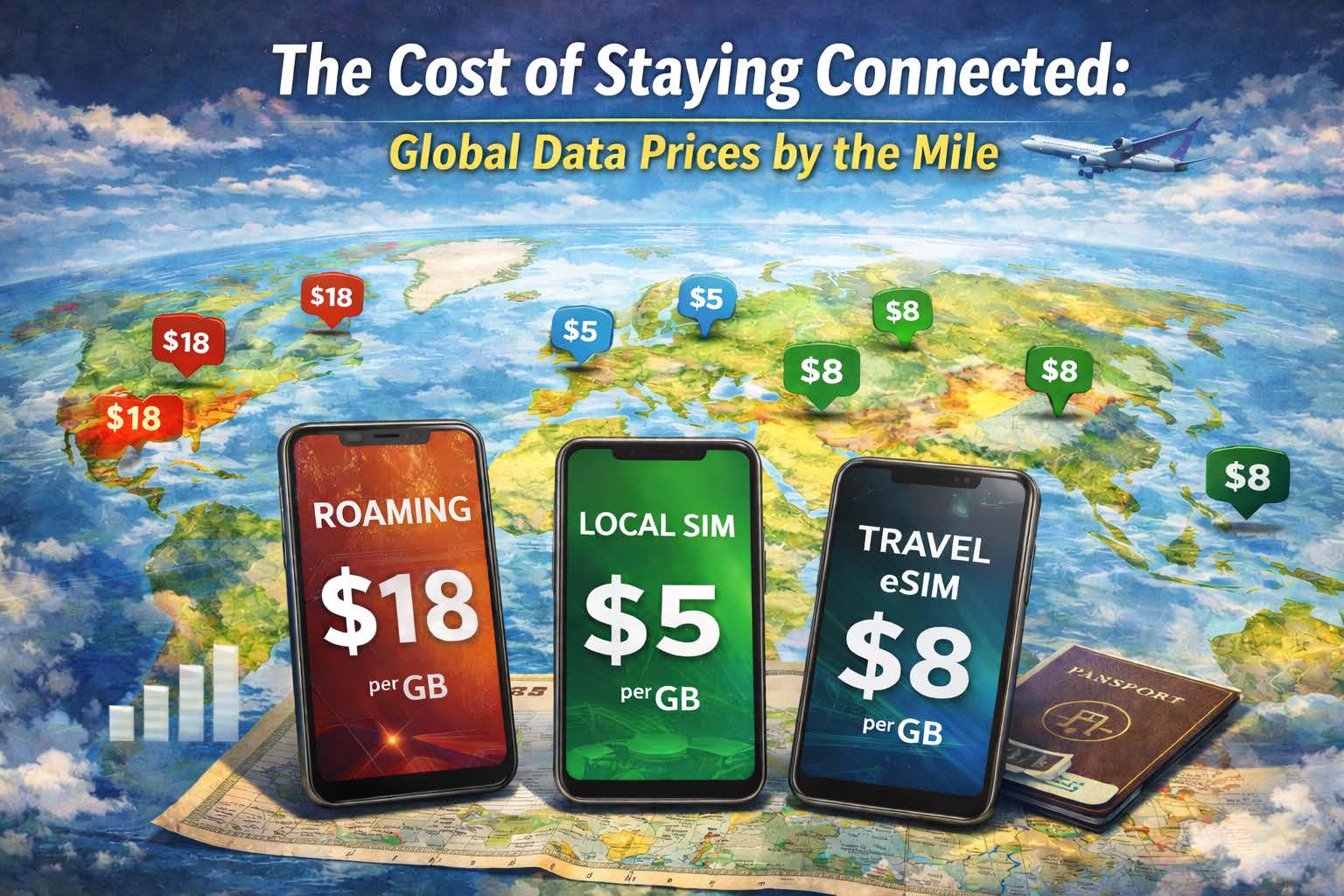 Global map showing the difference in costs of SIM card types