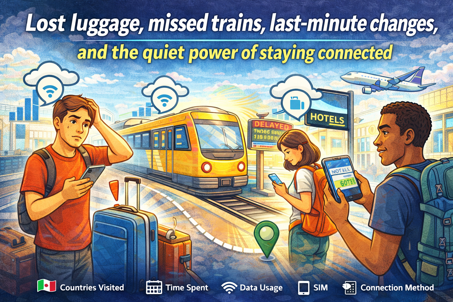 Lost luggage, missed trains, last-minute changes, and the quiet power of staying connected - travelers solving travel issues with eSIM