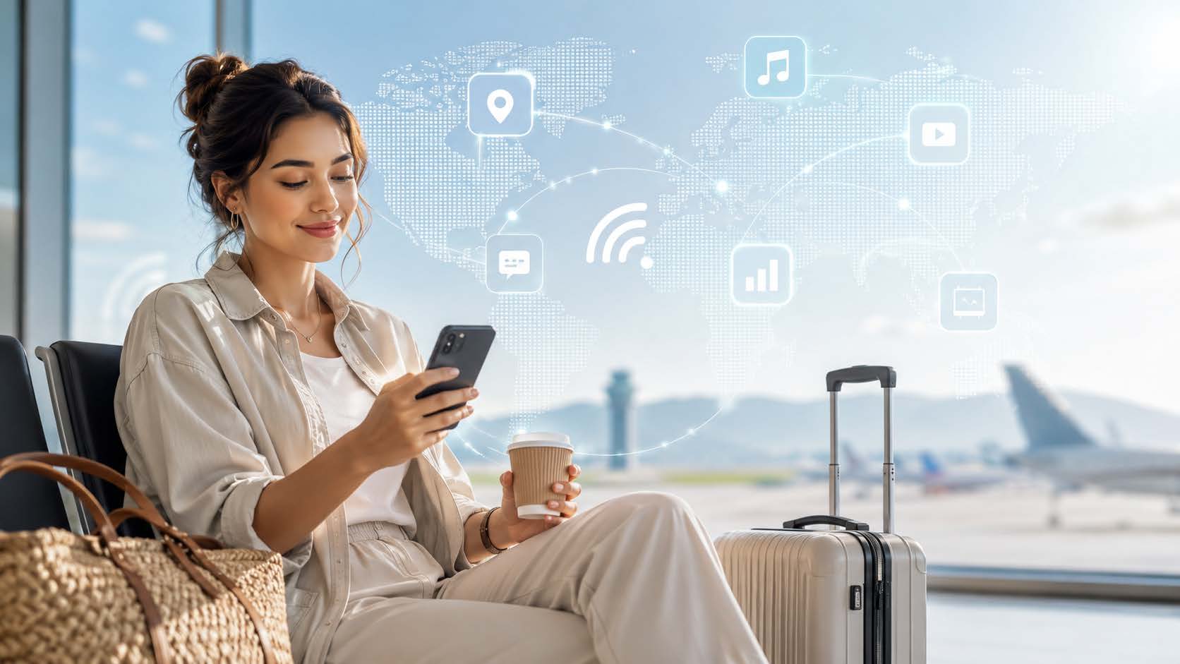 Woman with travel eSIM using phone for multiple apps