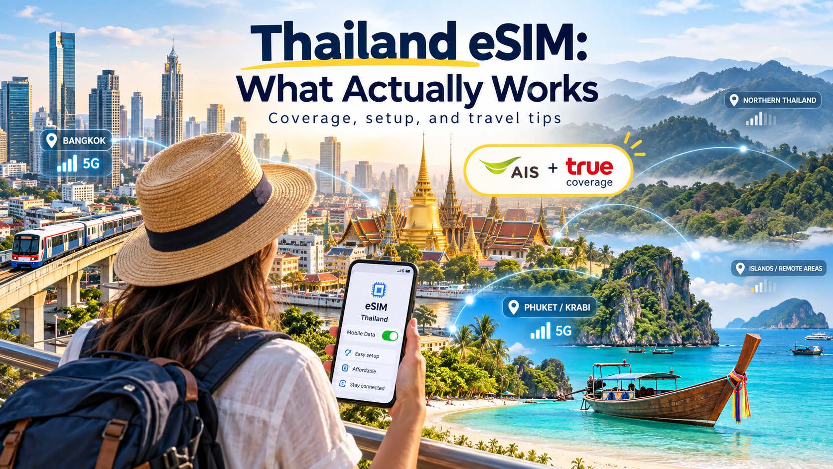 Female traveler using eSIM in Thailand