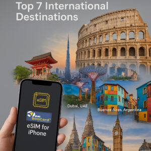 eSIM for iPhone showing top 7 global destinations for OneSimCard's international SIM Card