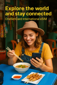 International Traveler enjoying a food tour and her OneSimCard eSIM