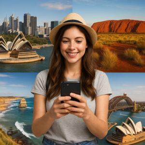 Woman holding a smartphone with eSIM and India monuments in the background