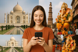 Woman holding a smartphone with eSIM and India monuments in the background