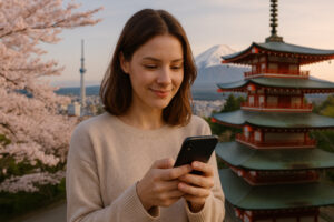 Woman holding a smartphone with eSIM and Japan monuments in the background
