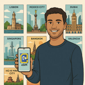 Expat with an eSIM on a smartphone with the 8 top expat destinations