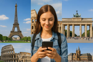 Woman holding a smartphone with eSIM and European monuments in the background