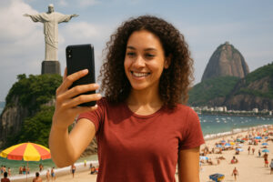 Woman holding a smartphone with eSIM and Brazil monuments in the background