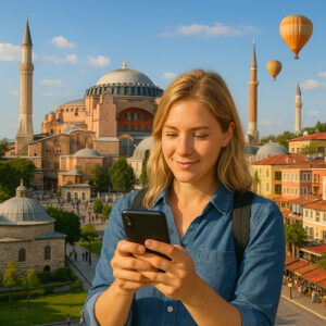 Woman holding a smartphone with eSIM and Turkey monuments in the background