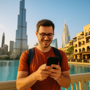 Man holding a smartphone with eSIM and United Arab Emirates monuments in the background