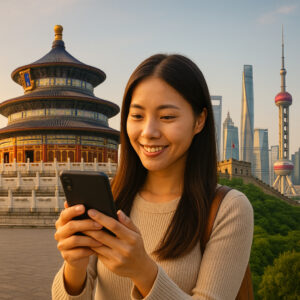 Woman holding a smartphone with eSIM and China monuments in the background
