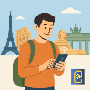 Man downloading an international travel eSIM