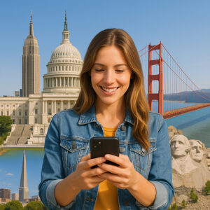 Woman holding a smartphone with eSIM and USA monuments in the background