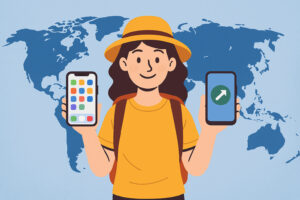 Woman holding smartphone with travel eSIM