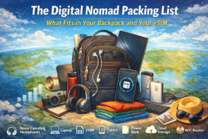 Image showing a backpack an the items needed for a digital nomad including international eSIM