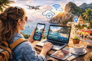 Travel influencer working in a tropical location with her eSIM enabled smartphone connecting her other devices.