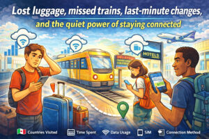 Lost luggage, missed trains, last-minute changes, and the quiet power of staying connected - travelers solving travel issues with eSIM